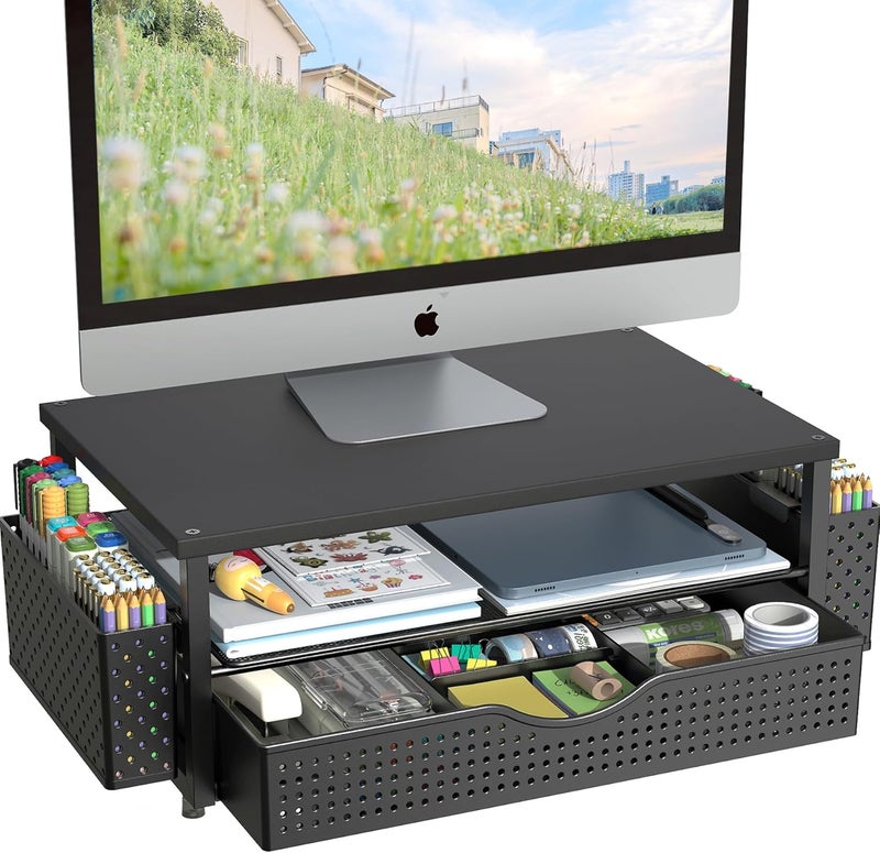 Spacrea Desk Organizer and Accessories, Computer Monitor Stand Riser with Drawer and 2 Pen Holders, Office Desk Accessories & Workspace Organizers for Office Supplies (Black) - Image 1